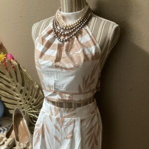 White and Tan Leaf Print 2Pieces top & pants
